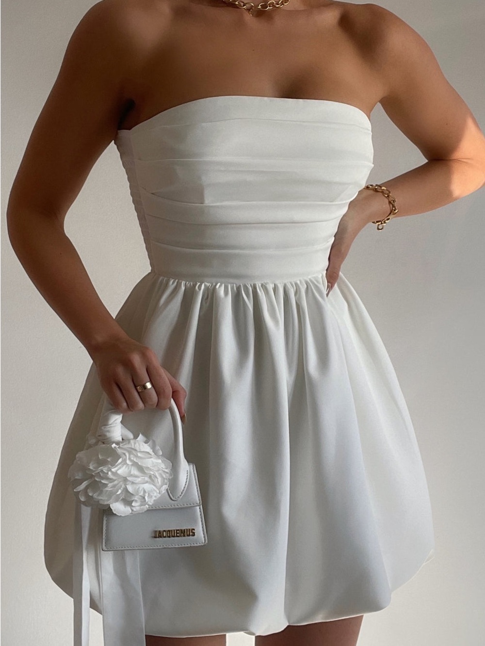 SHOWPO Shaima Strapless
Bubble Hem Mini Dress In White